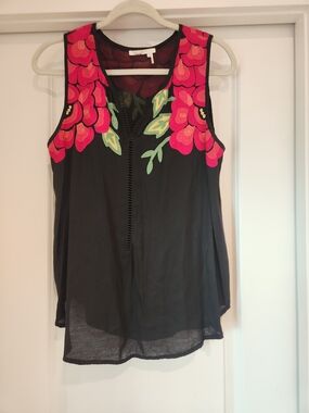 Floreat For Anthropologie Black Tank with Pink Floral Appliqué Embroidery